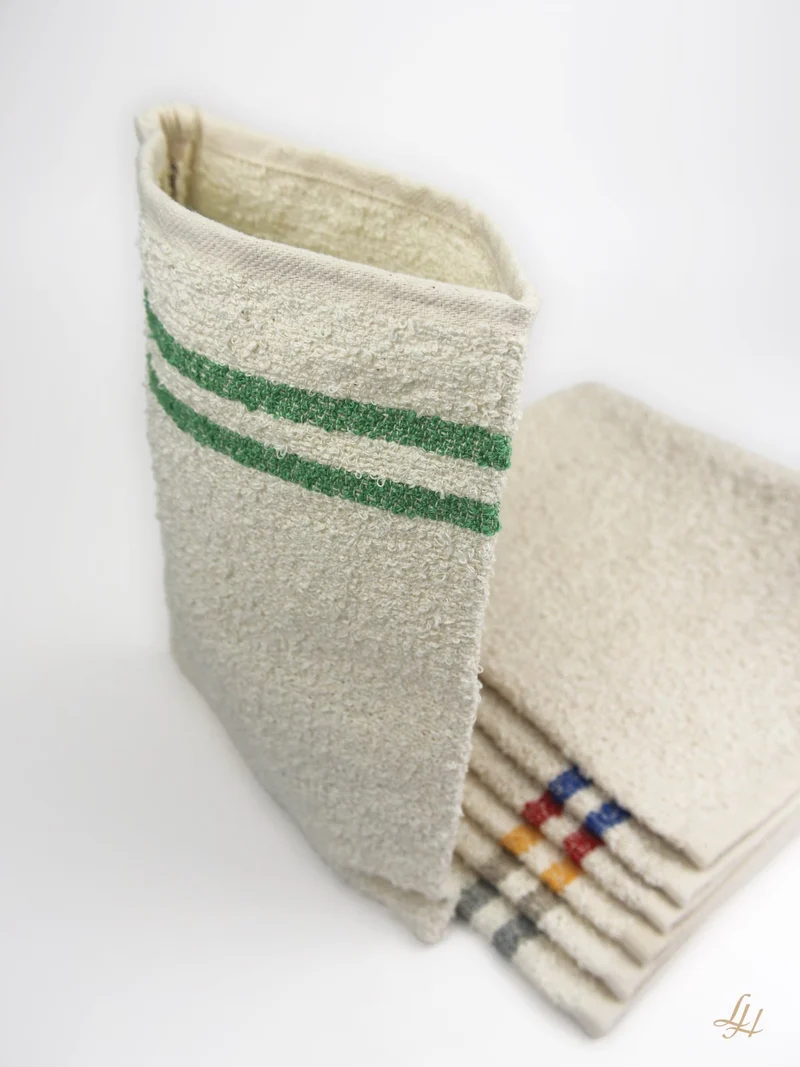 Waschhandschuh aus Leinenfrotté-Cremeweiß mit Farbstreifen