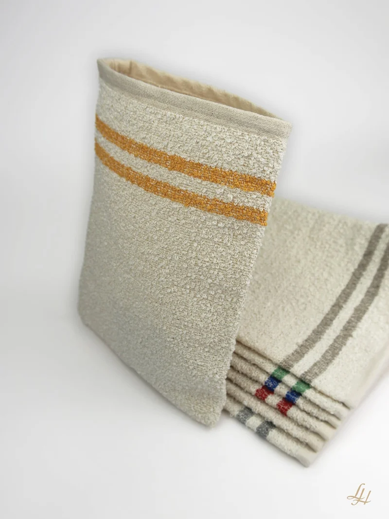 Waschhandschuh aus Leinenfrotté-Cremeweiß mit Farbstreifen