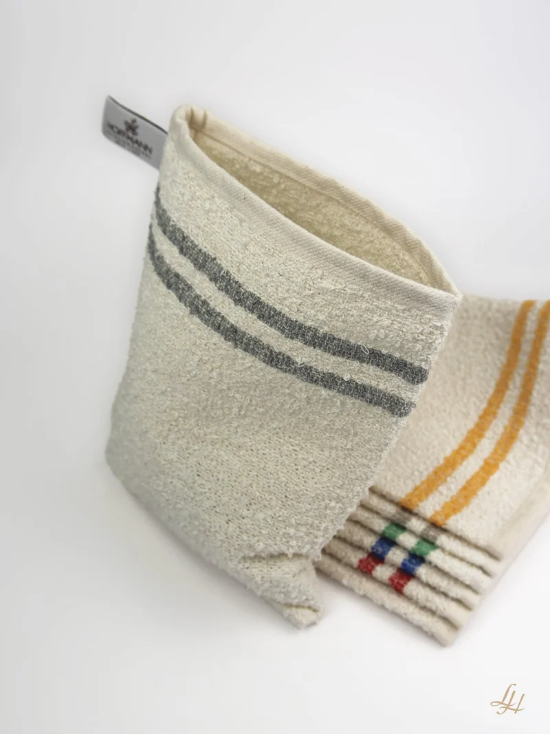 Waschhandschuh aus Leinenfrotté-Cremeweiß mit Farbstreifen