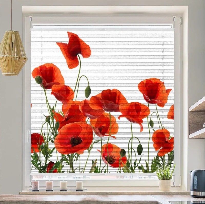 Wabenplissee Motiv "Mohnblumen Weisser Hintergrund"
