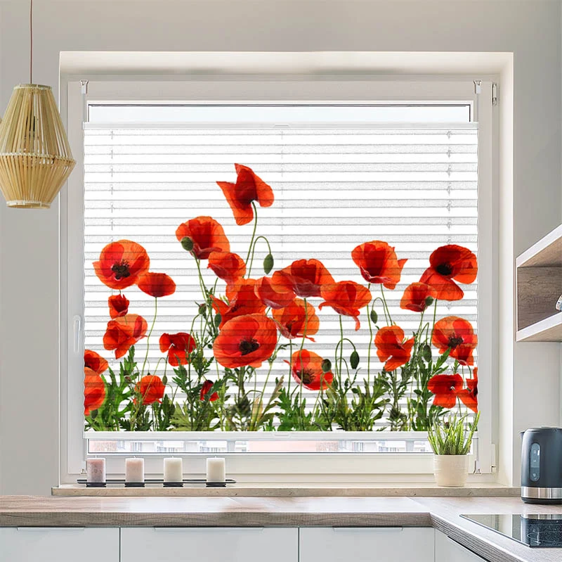Wabenplissee Motiv "Mohnblumen Weisser Hintergrund"