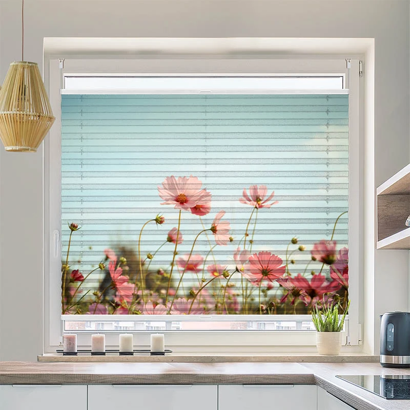 Wabenplissee Motiv "Kosmeen Blumenwiese Rosa Blumen"
