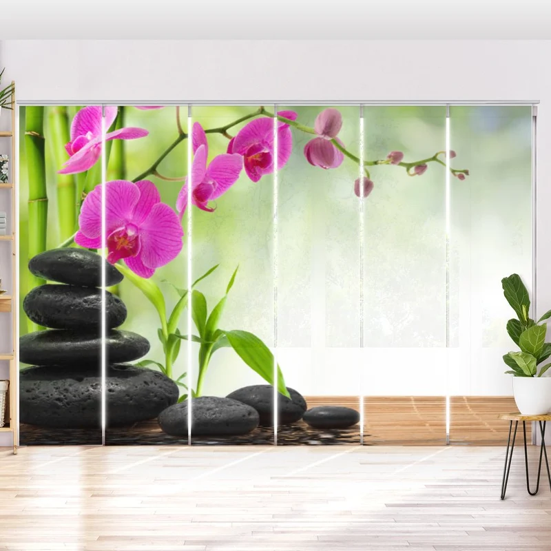 Schiebegardine Motiv "Schwarze Steine Orchidee"