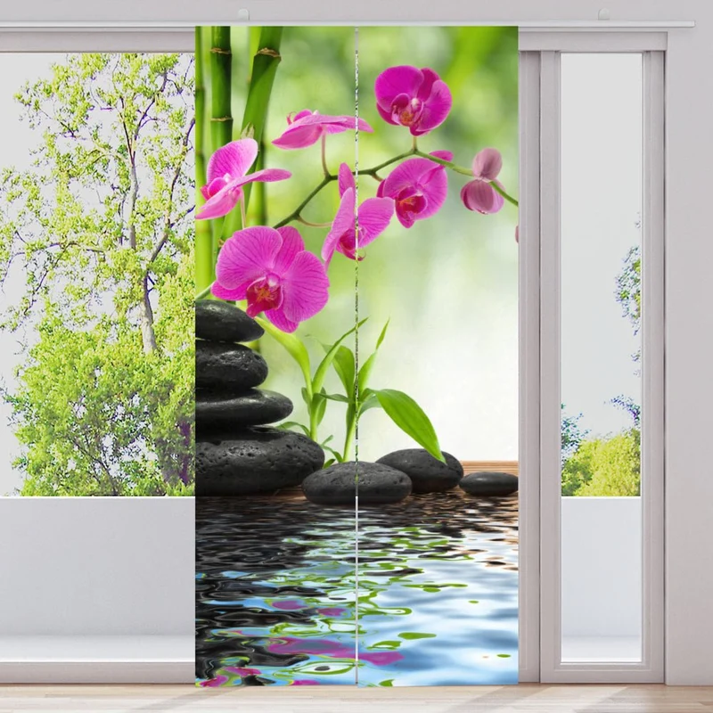 Schiebegardine Motiv "Schwarze Steine Orchidee"