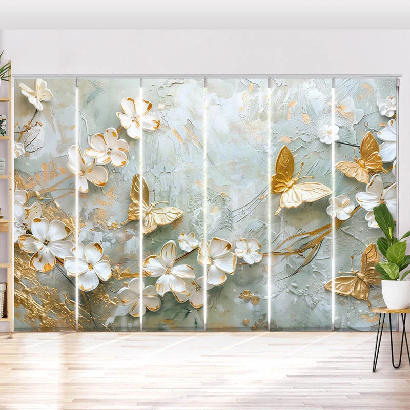 Schiebegardine Motiv "Blumen mit Schmetterlingen Weiss Gold"