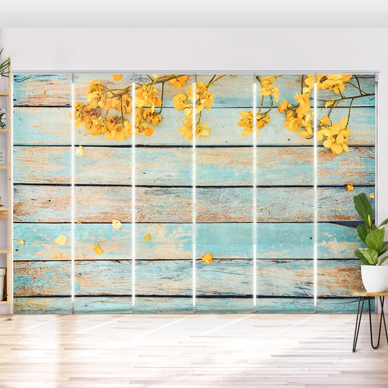 Schiebegardine Motiv "Gelbe Blueten auf Vintage Holz"