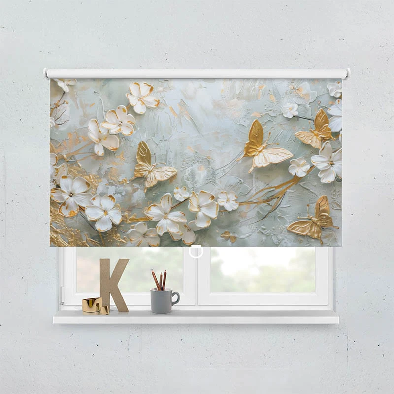 Springrollo Motiv "Blumen mit Schmetterlingen Weiss Gold"