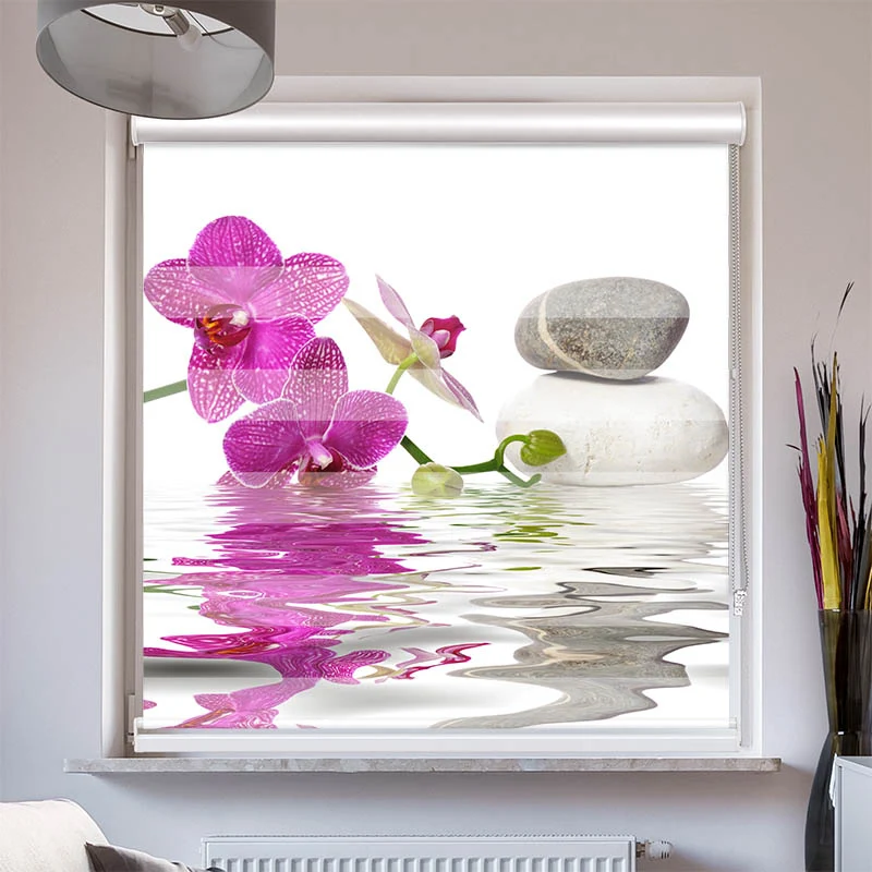 Doppelrollo mit Kassette "Wasser Orchidee Steine"