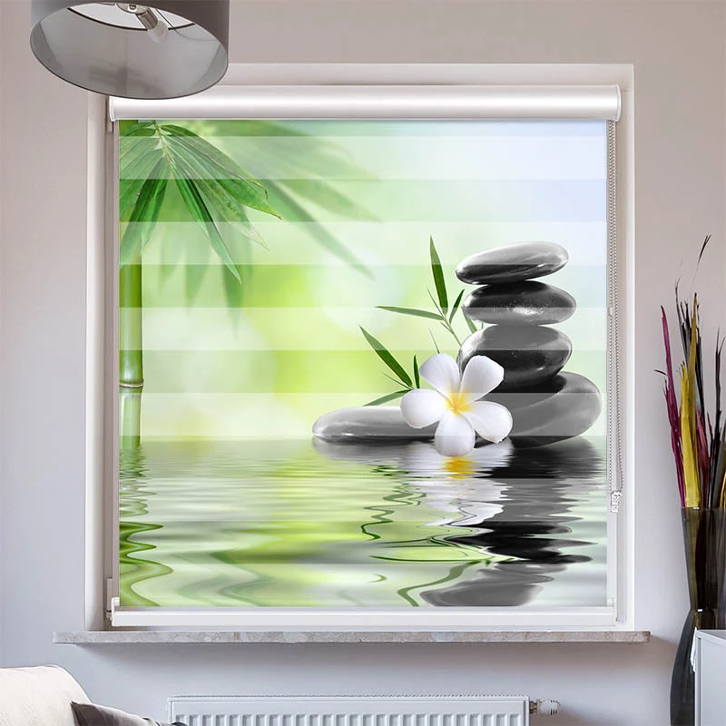 Doppelrollo mit Kassette "Frangipani Bambus Steine"
