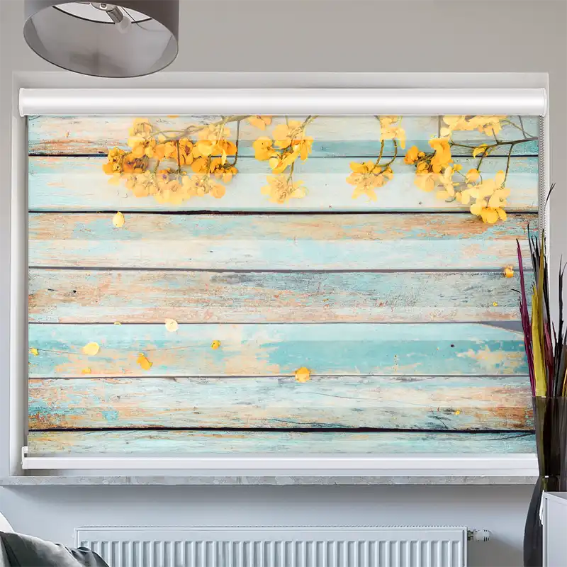 Doppelrollo mit Kassette "Gelbe Blueten auf Vintage Holz"