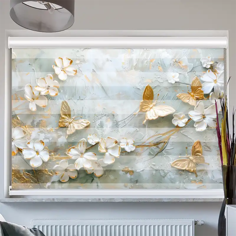 Doppelrollo mit Kassette "Blumen mit Schmetterlingen Weiss Gold"