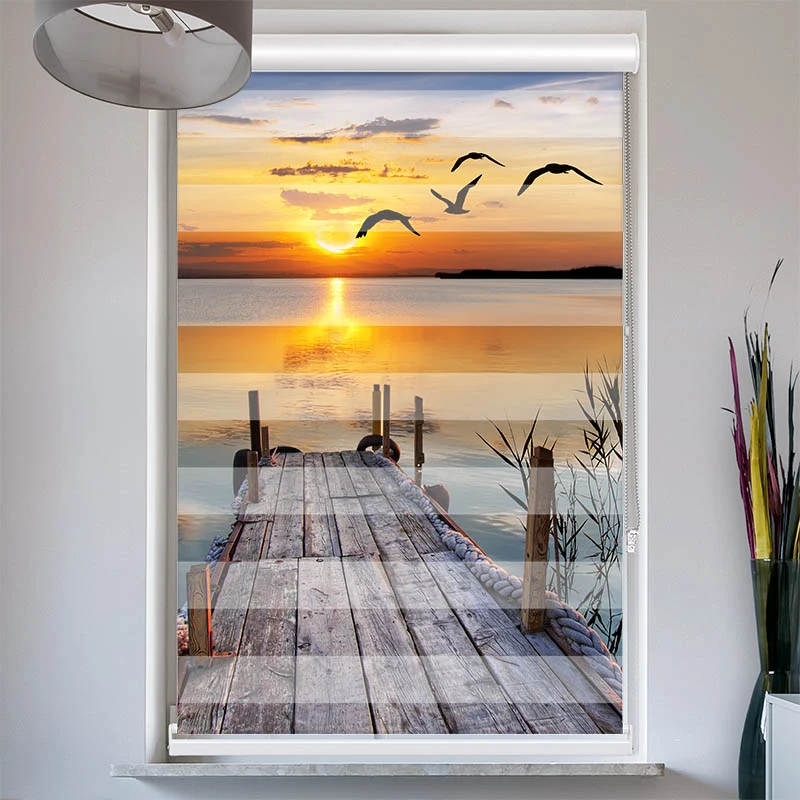Doppelrollo mit Kassette "See Steg Sonnenuntergang"