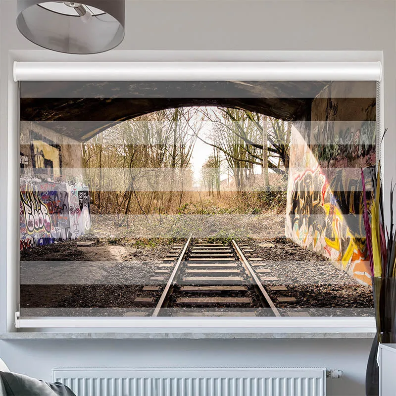 Doppelrollo mit Kassette "Bahnschienen Endstation"
