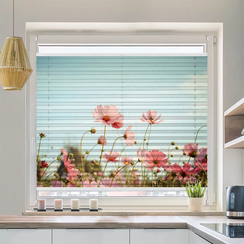 Plissee Motiv "Kosmeen Blumenwiese Rosa Blumen"