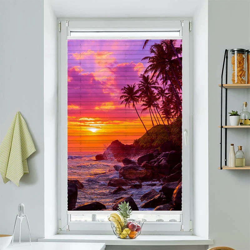 Plissee Motiv "Sonnenuntergang Palmen Strand"