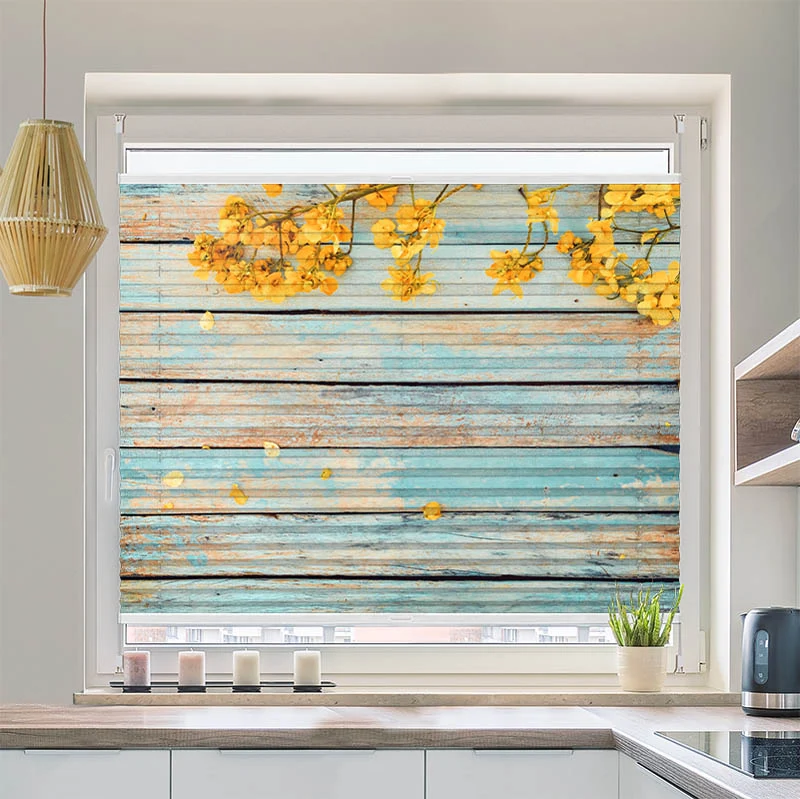 Plissee Motiv "Gelbe Blueten auf Vintage Holz"