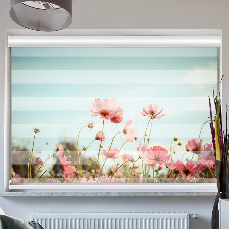 Doppelrollo mit Kassette "Kosmeen Blumenwiese Rosa Blumen"
