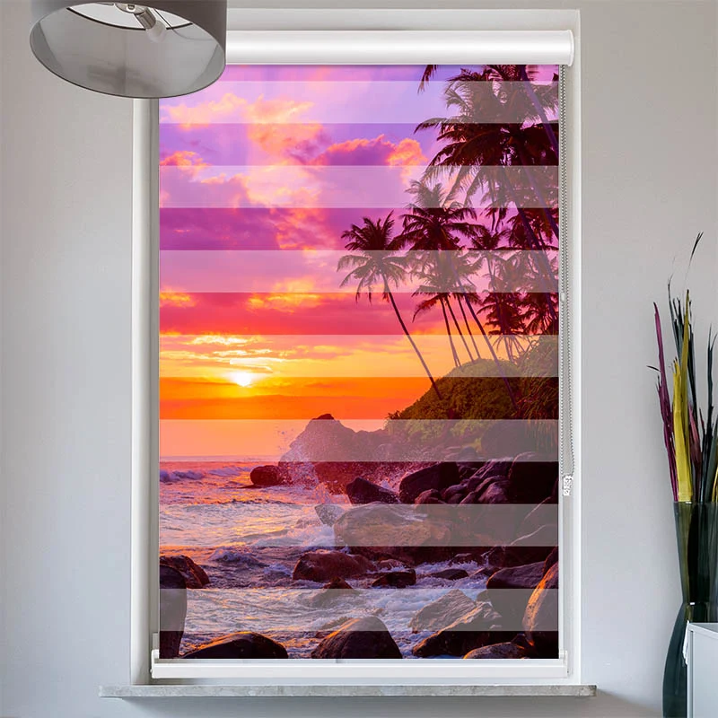 Doppelrollo mit Kassette "Sonnenuntergang Palmen Strand"