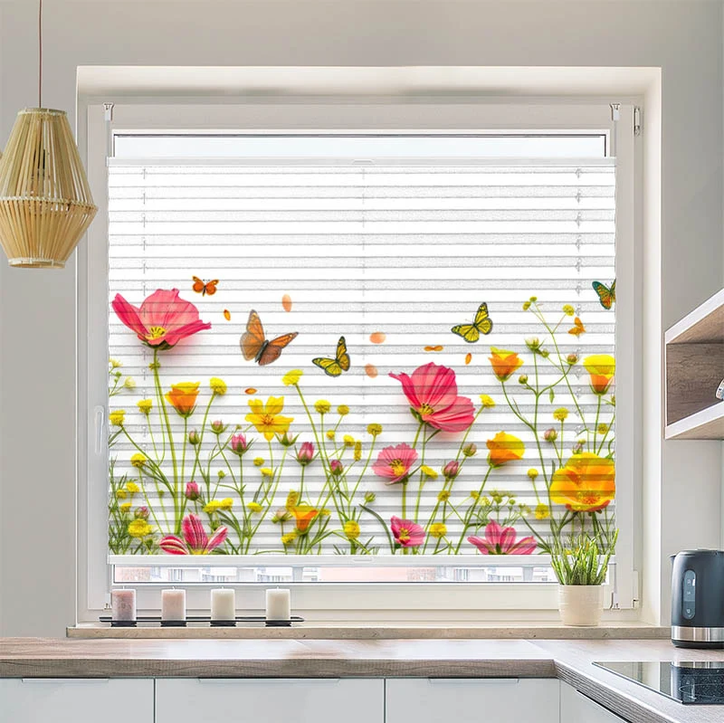 Plissee Motiv "Blumen im Fruehling mit Schmetterlingen"