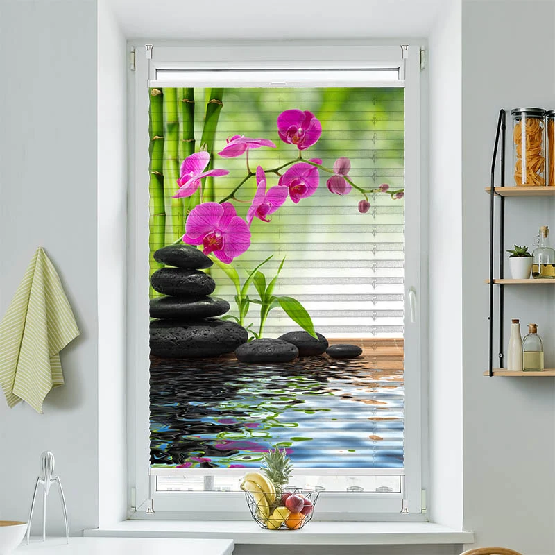 Plissee Motiv "Schwarze Steine Orchidee"