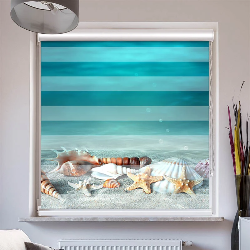 Doppelrollo mit Kassette "Muschel und Seestern am Strand"