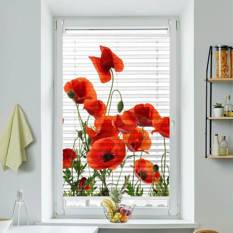 Plissee Motiv "Mohnblumen Weisser Hintergrund"