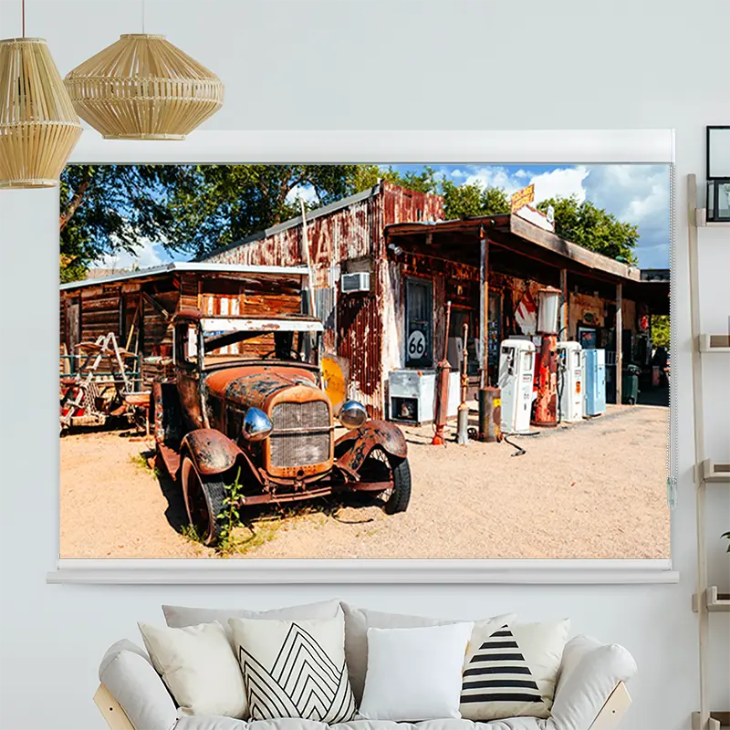 Kassettenrollo Motiv "Verlassene Tankstelle an der Route 66" | bis B 420 x H 420 cm
