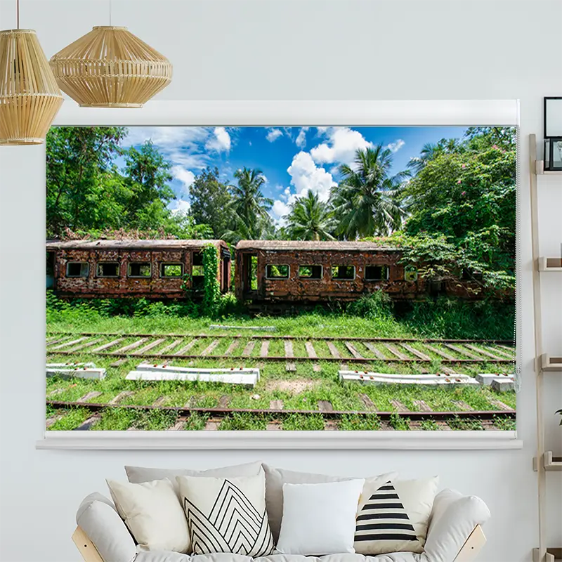Kassettenrollo Motiv "Alter Zug im Dschungel" | bis B 420 x H 420 cm
