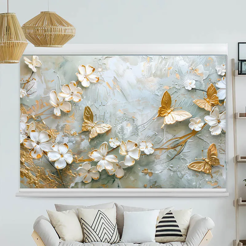 Kassettenrollo Motiv "Blumen mit Schmetterlingen Weiss Gold" | bis B 420 x H 420 cm