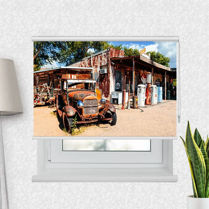 Motivrollo 'Verlassene Tankstelle an der Route 66' | Bis B 430 x H 440 cm