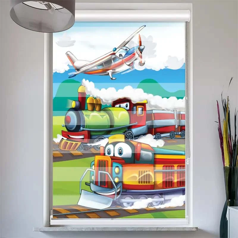 Doppelrollo mit Kassette "Eisenbahn und Flugzeug"