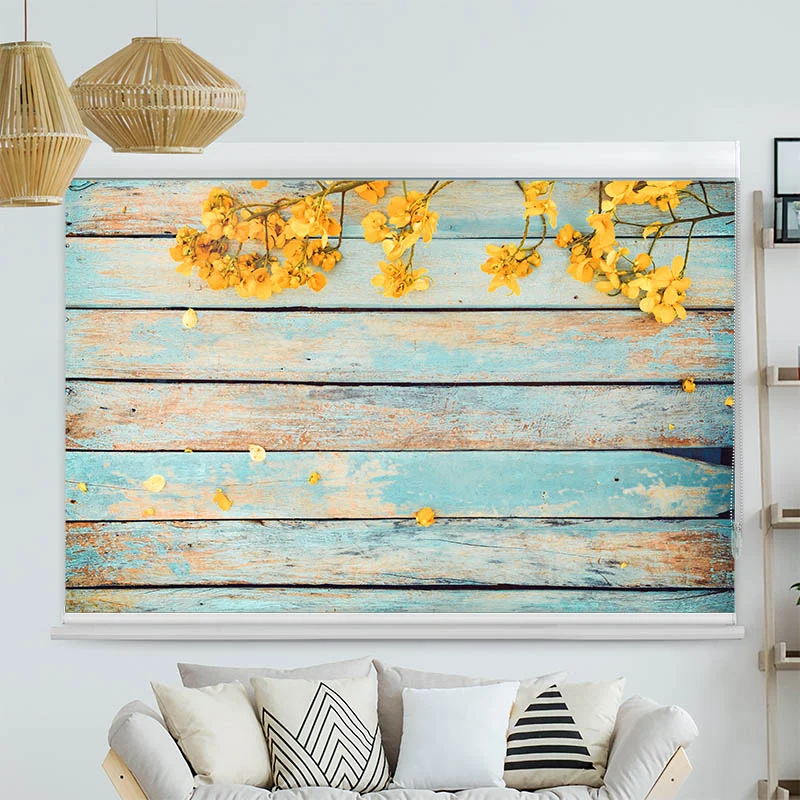Kassettenrollo Motiv "Gelbe Blueten auf Vintage Holz" | bis B 420 x H 420 cm