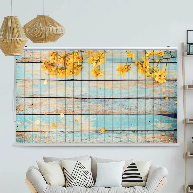 Lamellenvorhang Motiv "Gelbe Blueten auf Vintage Holz"
