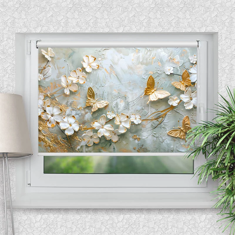 Klemmfix Rollo "Blumen mit Schmetterlingen Weiss Gold" | Motiv-Klemmrollo