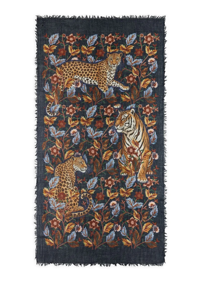 Edler Schal aus Wolle mit Leopard- und Blumen-Motiven