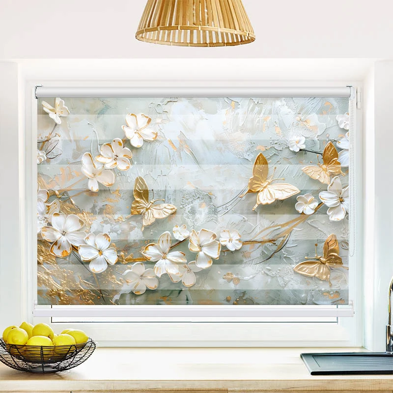 Klemmfix Doppelrollo "Blumen mit Schmetterlingen Weiss Gold" | Klemm Doppelrollo