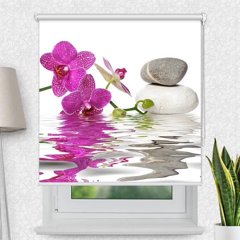 Motivrollo 'Wasser Orchidee Steine' | Bis B 430 x H 440 cm