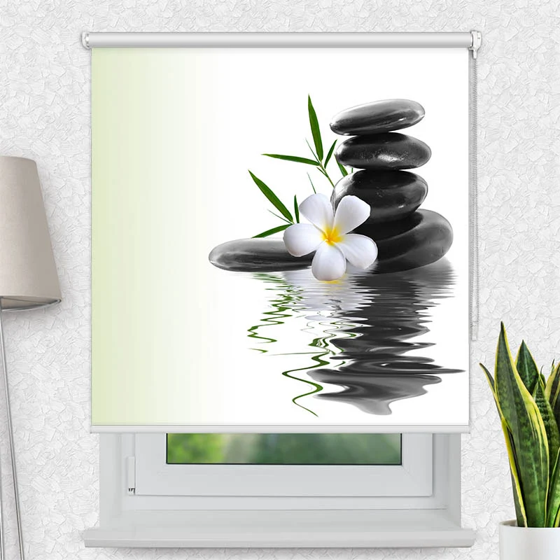 Motivrollo 'Frangipani Steinturm Wasser' | Bis B 430 x H 440 cm