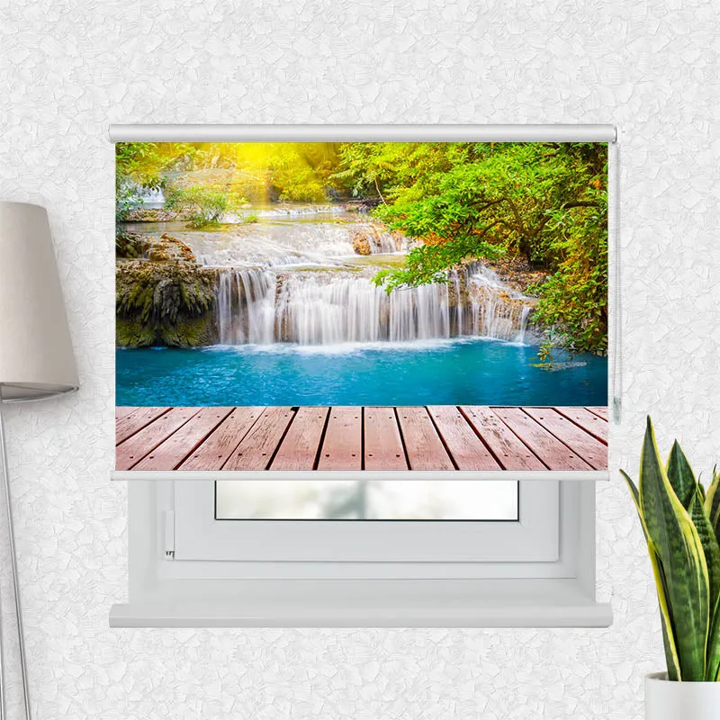 Motivrollo 'Wald Wasserfall Steg' | Bis B 430 x H 440 cm