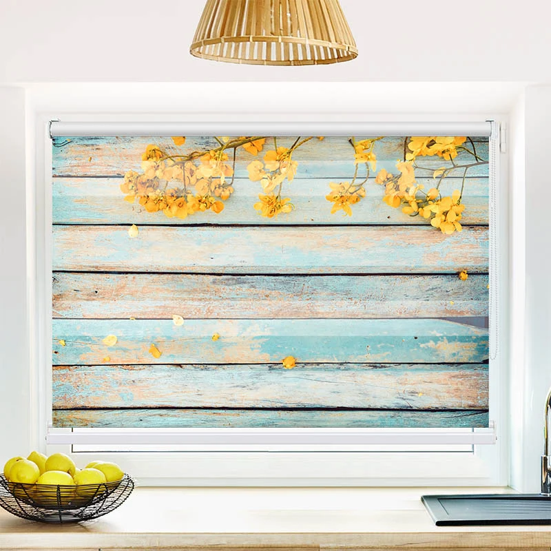 Klemmfix Doppelrollo "Gelbe Blueten auf Vintage Holz" | Klemm Doppelrollo