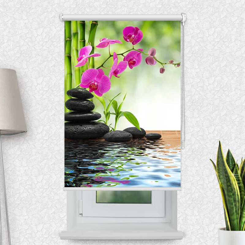 Motivrollo 'Schwarze Steine Orchidee' | Bis B 430 x H 440 cm