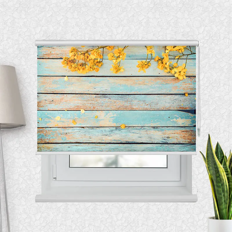 Motivrollo 'Gelbe Blueten auf Vintage Holz' | Bis B 430 x H 440 cm