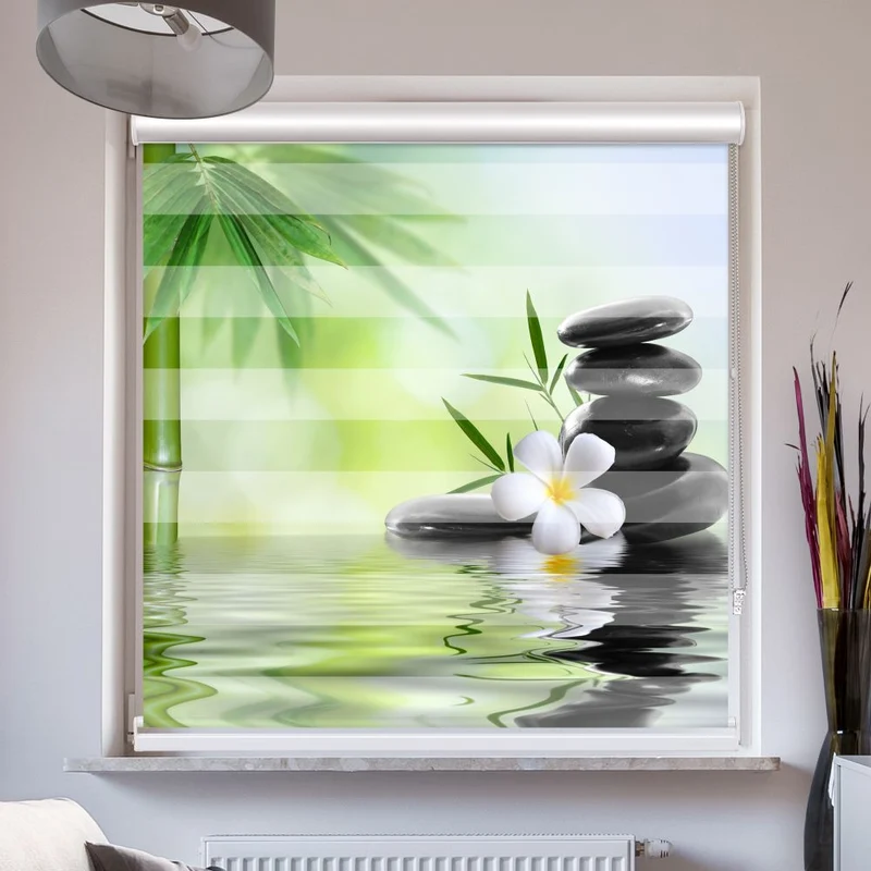 Doppelrollo mit Kassette "Frangipani Bambus Steine"