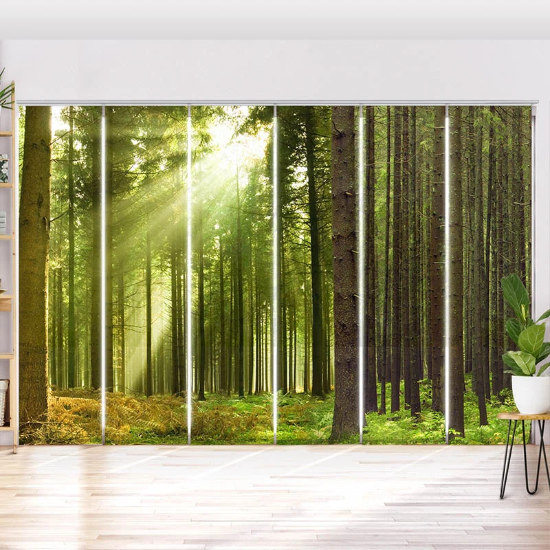Schiebegardine Motiv "Sonnenstrahlen im Wald Panorama"
