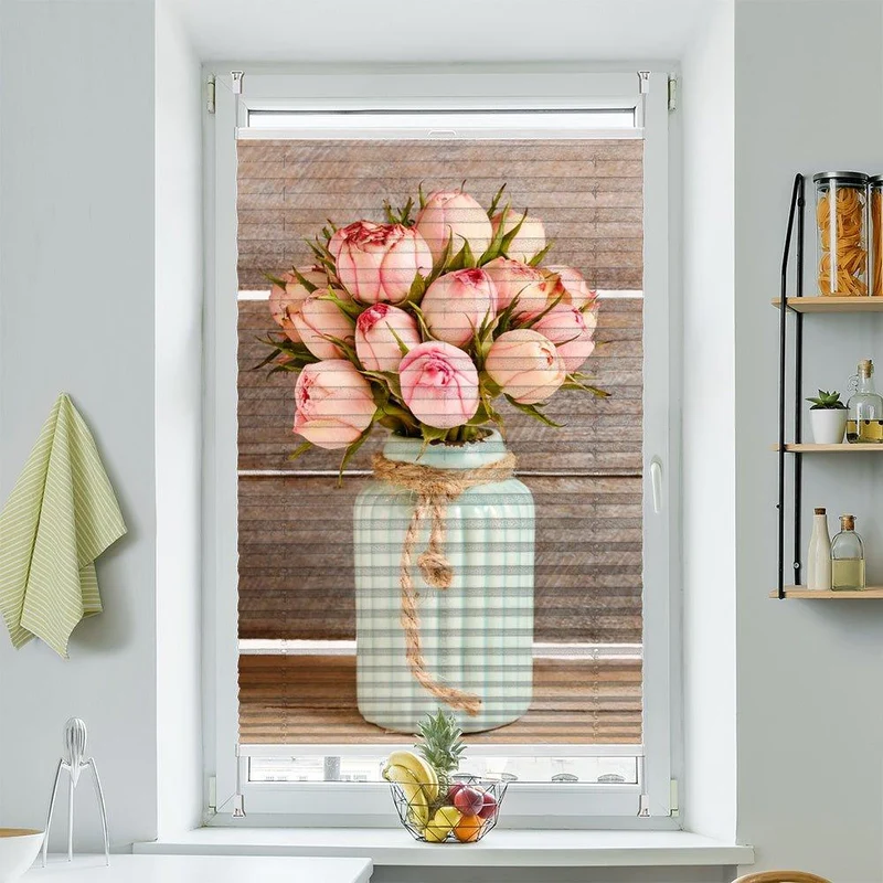Plissee Motiv "Tulpen Vase Holzwand"