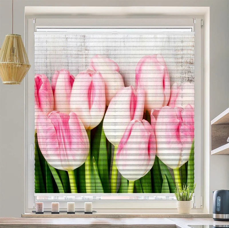 Plissee Motiv "Holzwand Tulpen"