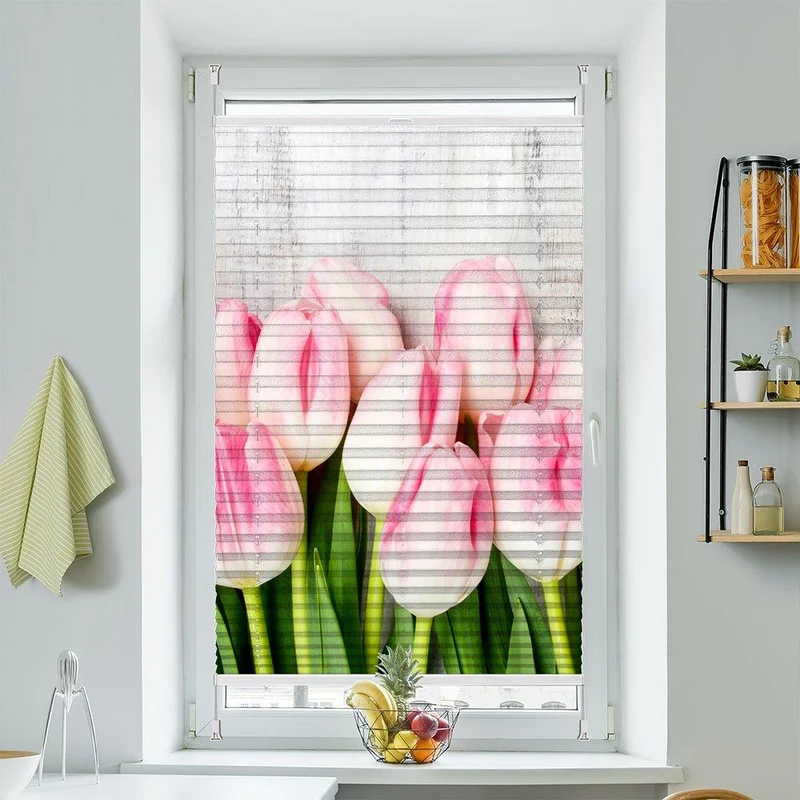 Plissee Motiv "Holzwand Tulpen"