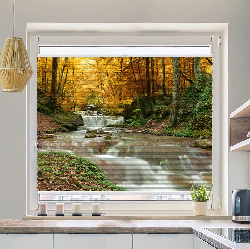Wabenplissee Motiv "Herbstwald mit Fluss"