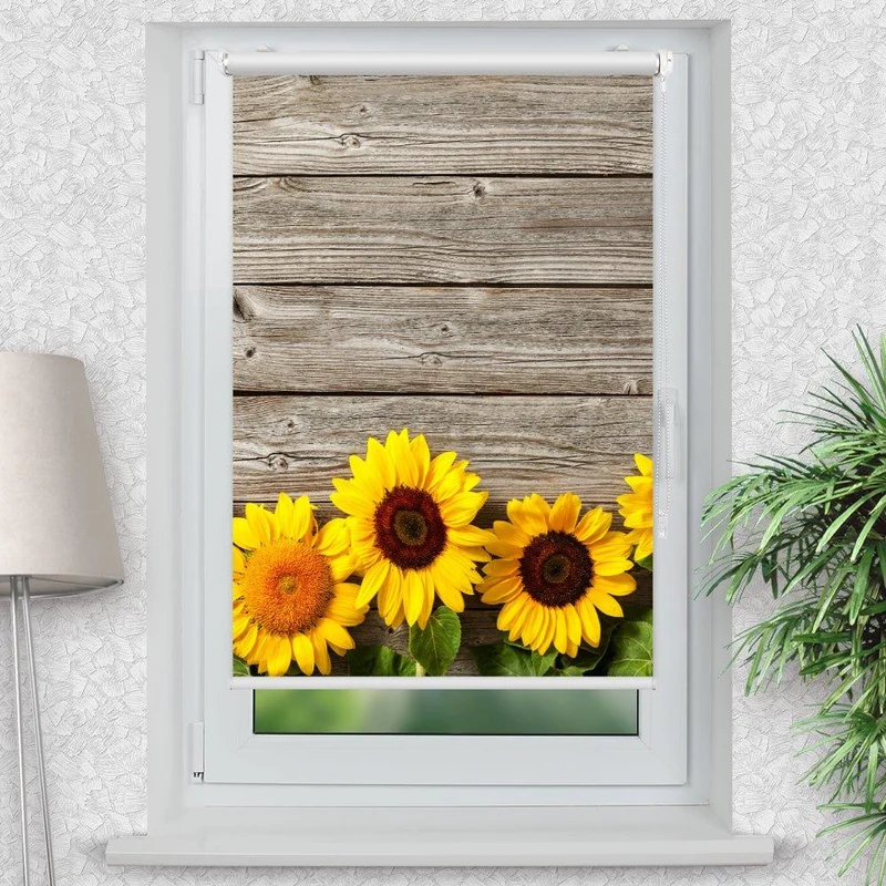 Klemmfix Rollo "Sonnenblumen Holzwand" | Motiv-Klemmrollo