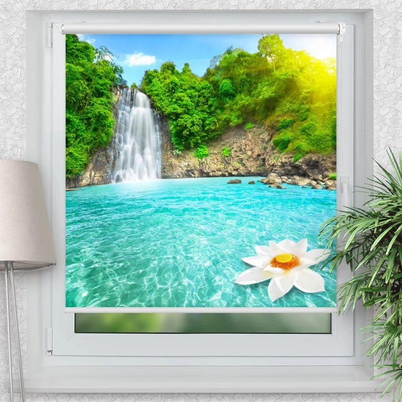 Klemmfix Rollo "Lotusblume Wasserfall" | Motiv-Klemmrollo